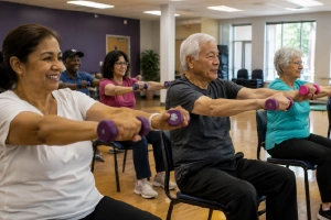 Seniors lifting light dumbbells