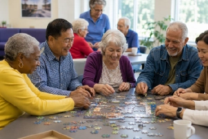 Seniors solving jigsaw puzzle