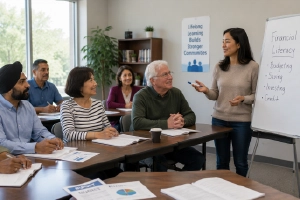 People attending financial workshop